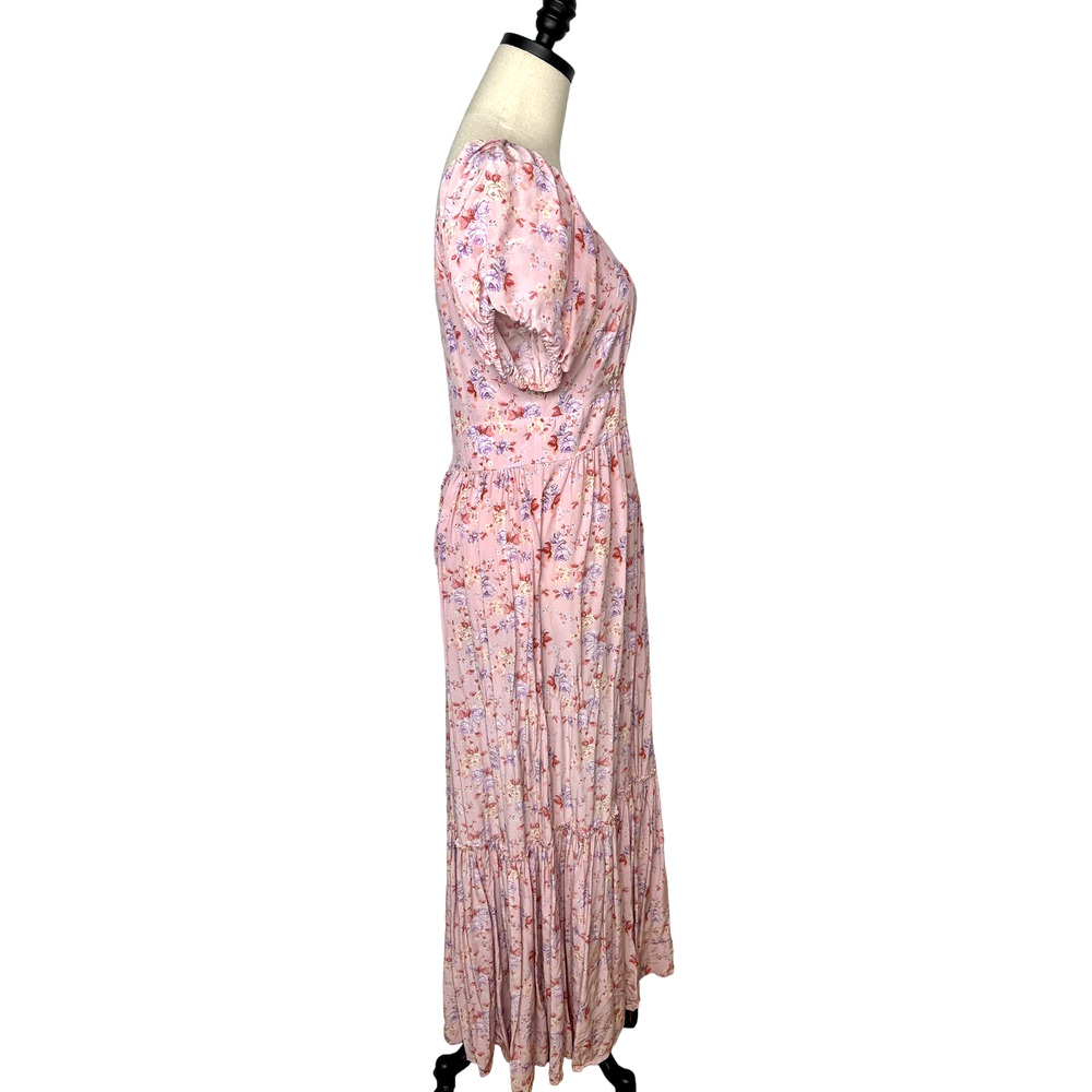 NEW! LoveShackFancy 6 Angie SILK Midi Dress Milkmaid Puff Shoulder Floral Pink - Picture 4 of 15